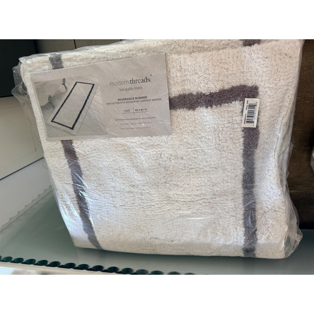Modern Threads Reversible Bath Runner Rug 22x60 White Grey Cotton